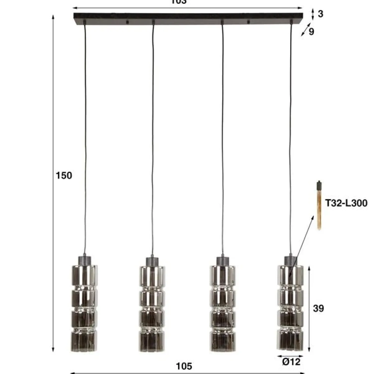 Kalfort Hanglampen|Glazen Hanglamp|Silvio 4-lichts Hanglamp Glas