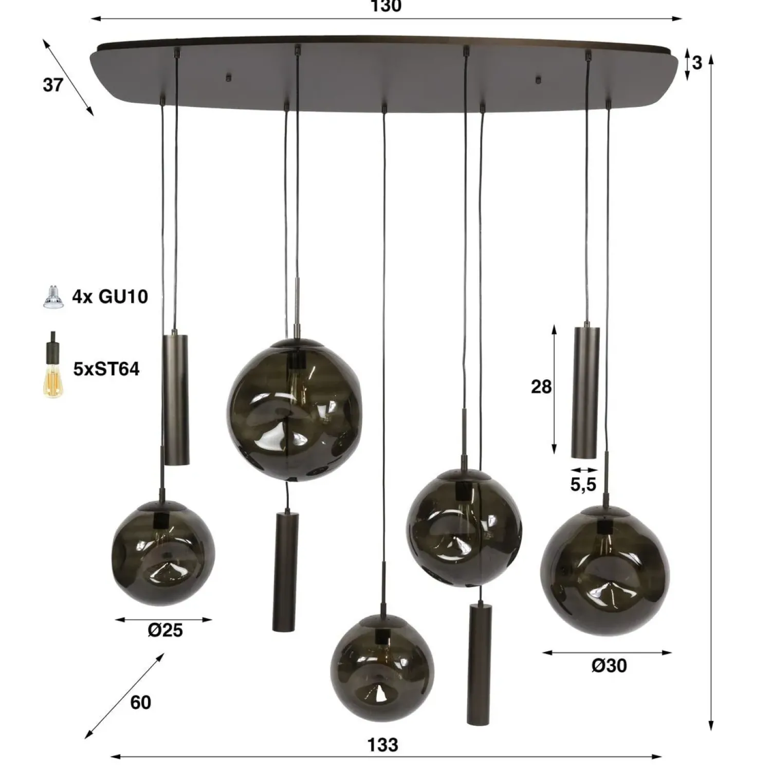 Kalfort Hanglampen|Glazen Hanglamp|Solaro 9-lichts Hanglamp Bruin glas