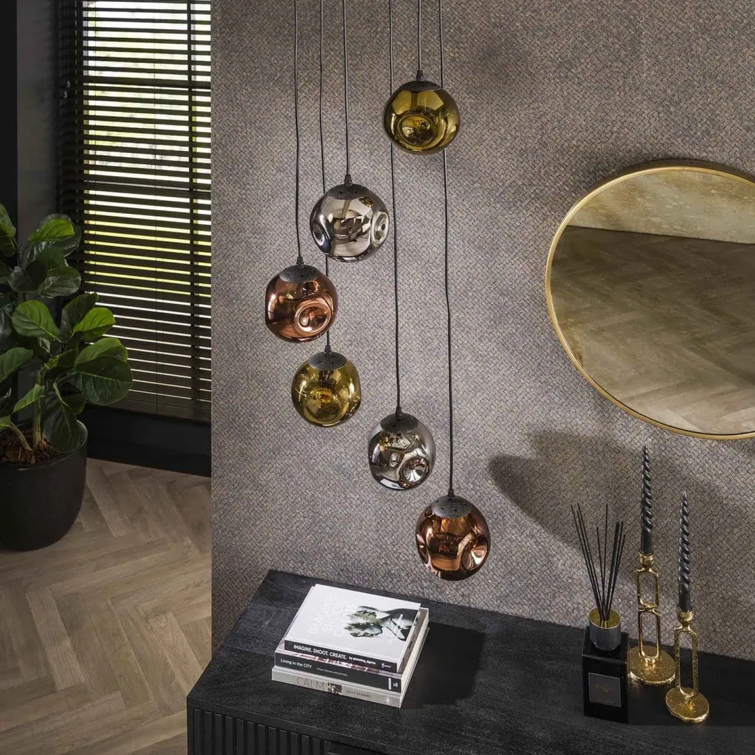 Kalfort Hanglampen|Glazen Hanglamp|Solaro 6-lichts Hanglamp getrapt industrieel