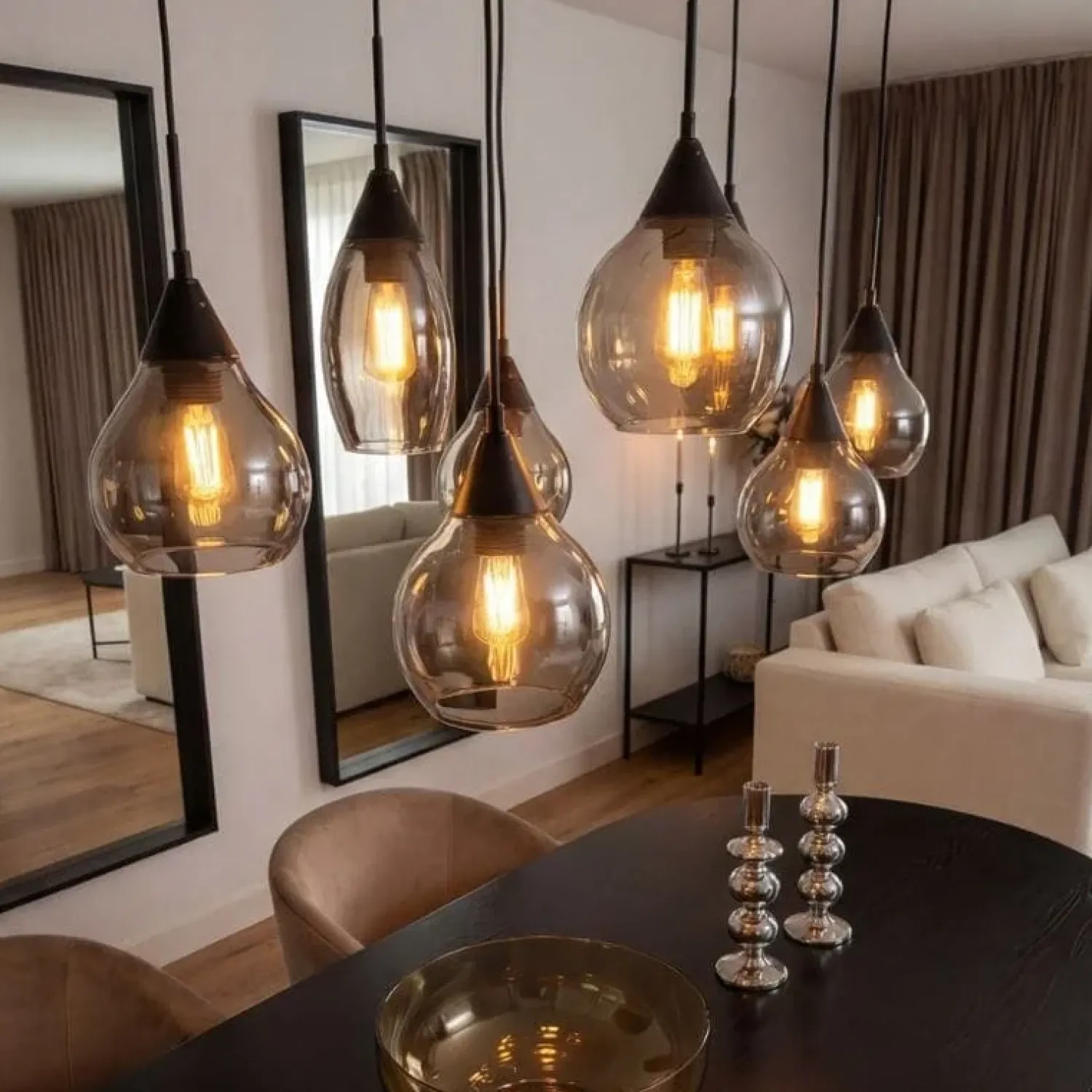 Kalfort Hanglampen|Glazen Hanglamp|Spix Hanglamp 8-lichts ovaal smoke glas