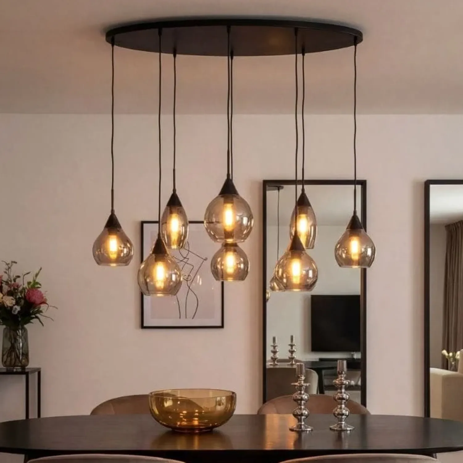 Kalfort Hanglampen|Glazen Hanglamp|Spix Hanglamp 8-lichts ovaal smoke glas