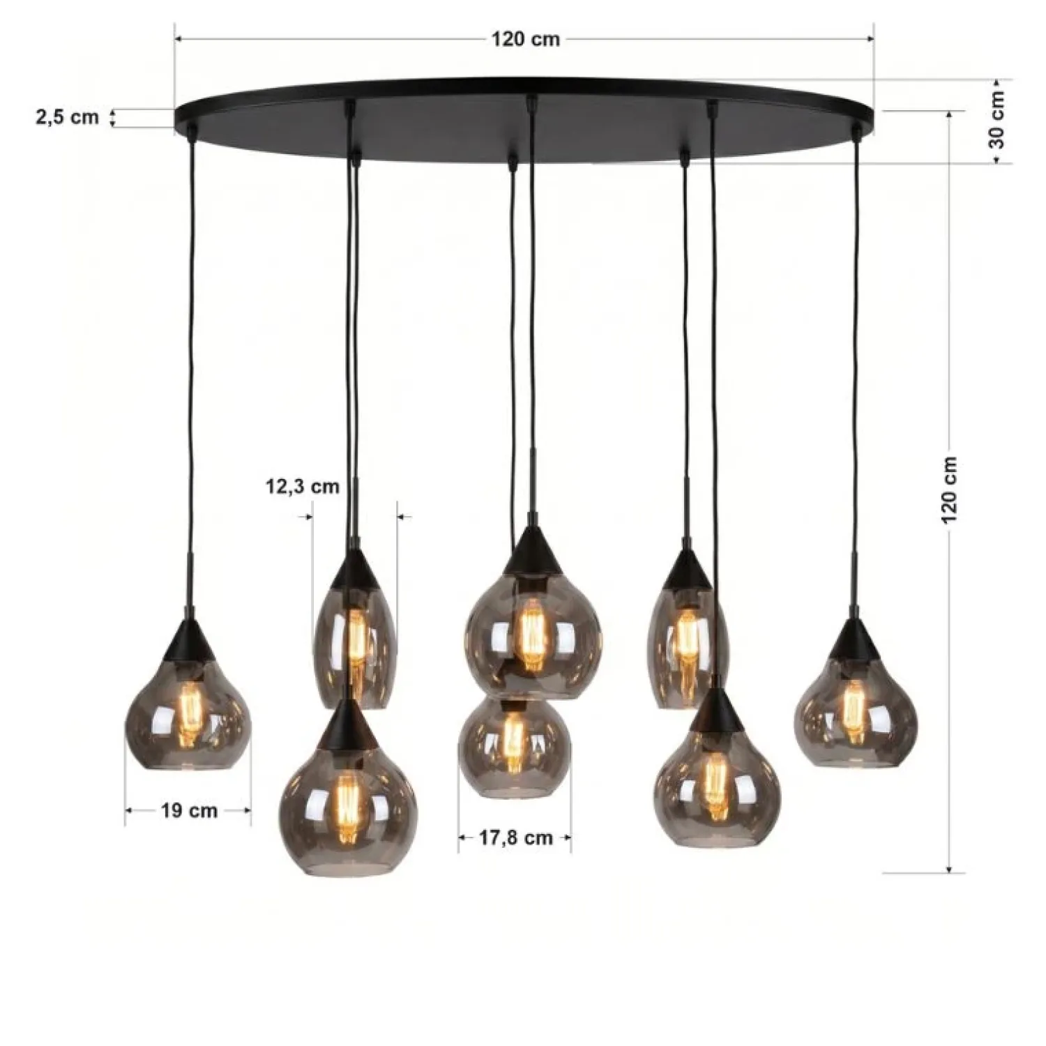 Kalfort Hanglampen|Glazen Hanglamp|Spix Hanglamp 8-lichts ovaal smoke glas