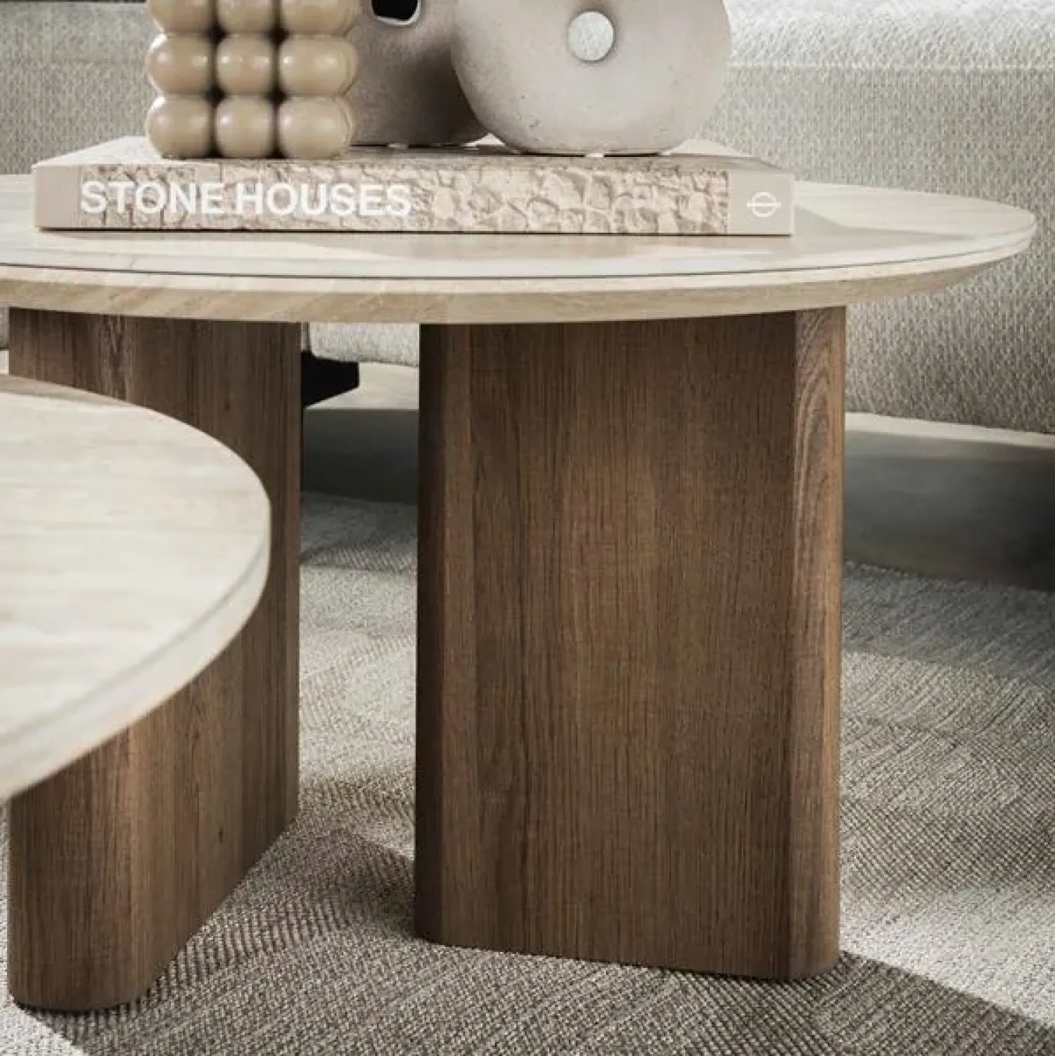 Kalfort Salontafels|Strato Salontafel set van 2 rond smalle poten Keramiek travertin