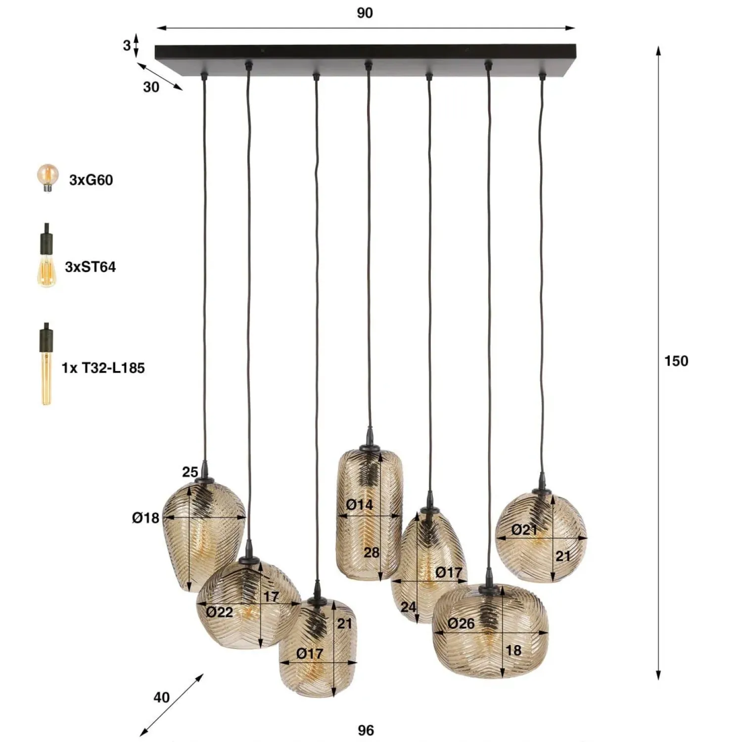 Kalfort Hanglampen|Glazen Hanglamp|Sully 7-lichts Hanglamp Smoke bruin glas