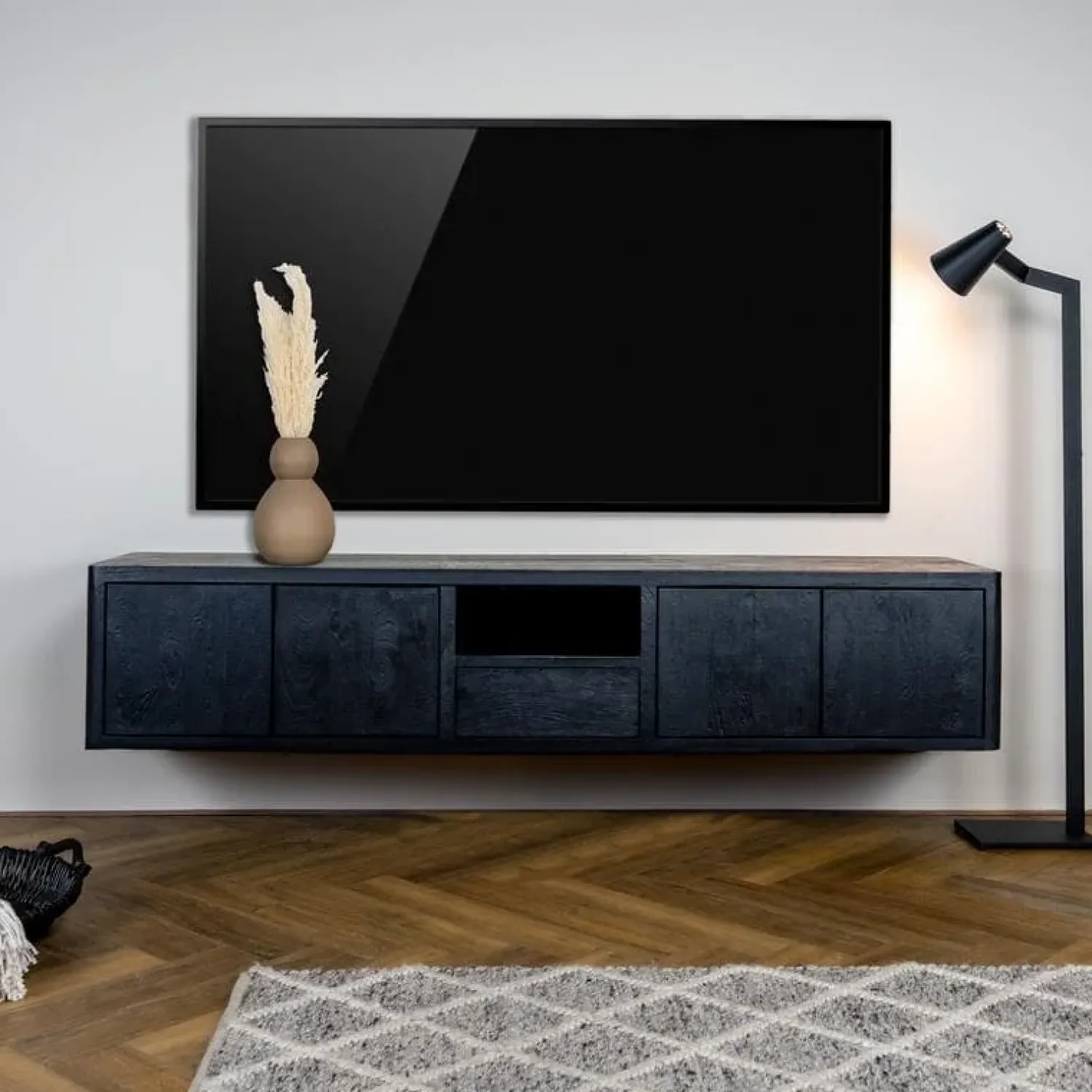 Tower living Industriele Kasten|Tv Meubels|Tenna Zwevend Tv meubel zwart mangohout 200cm