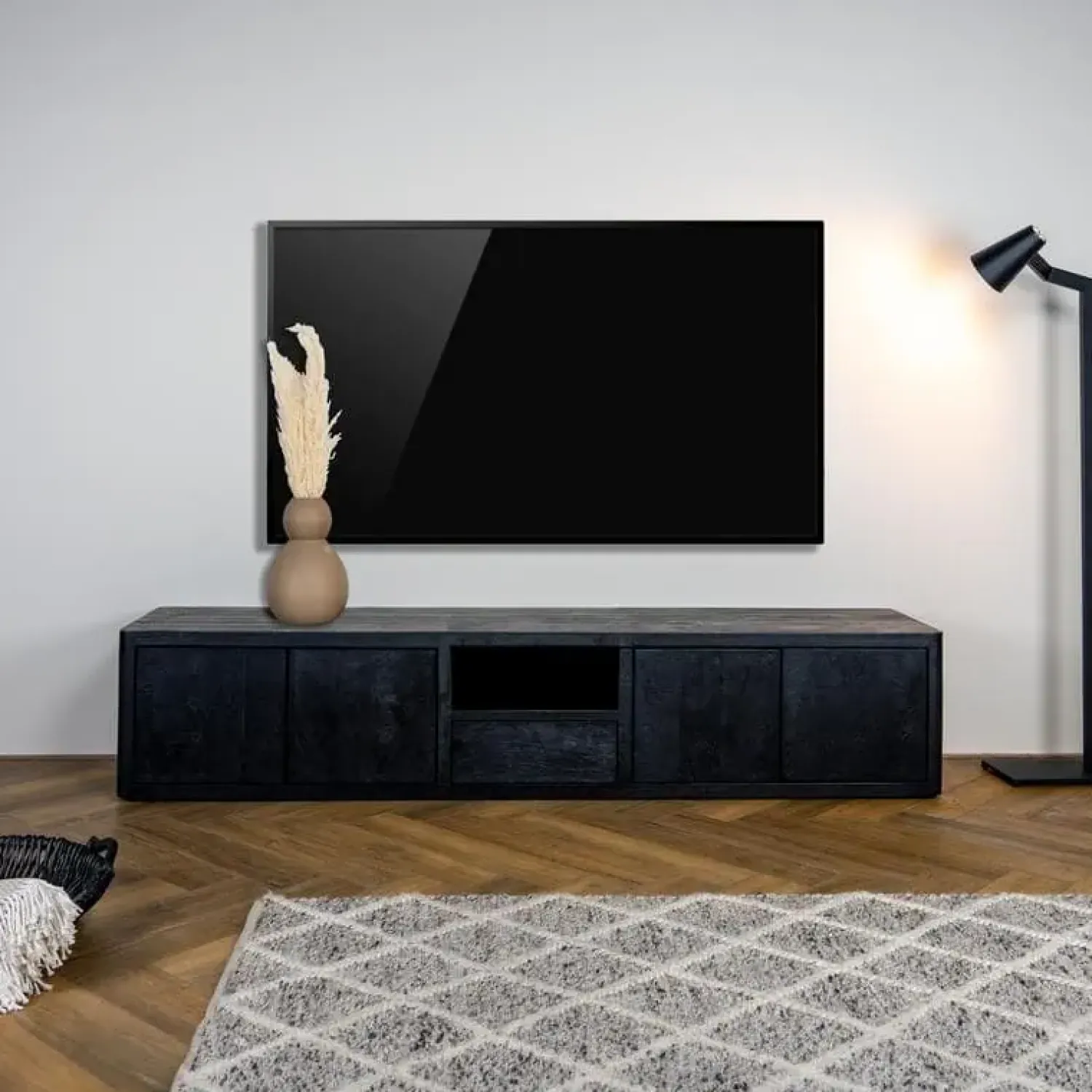 Tower living Industriele Kasten|Tv Meubels|Tenna Zwevend Tv meubel zwart mangohout 200cm