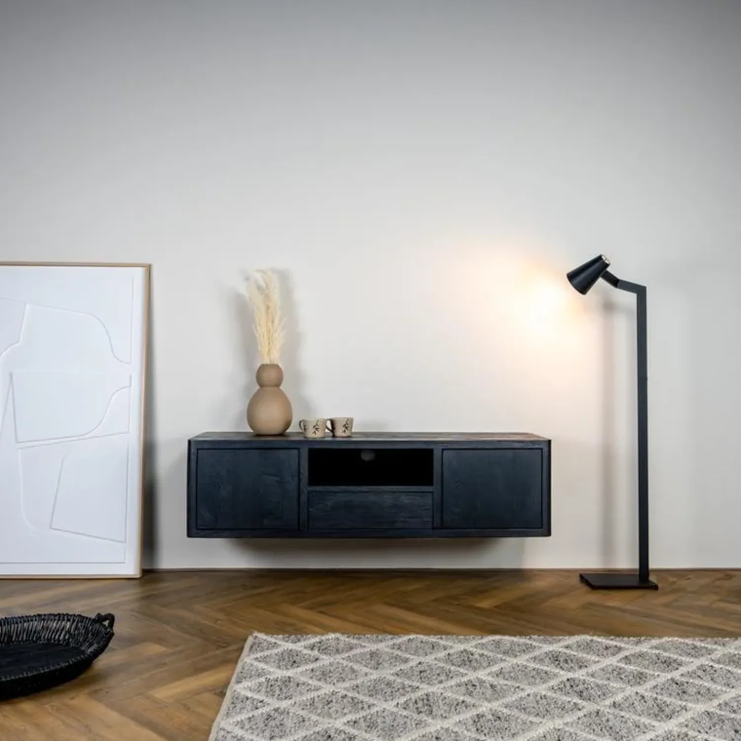 Tower living Industriele Kasten|Tv Meubels|Tenna Zwevend Tv meubel zwart mangohout 150cm