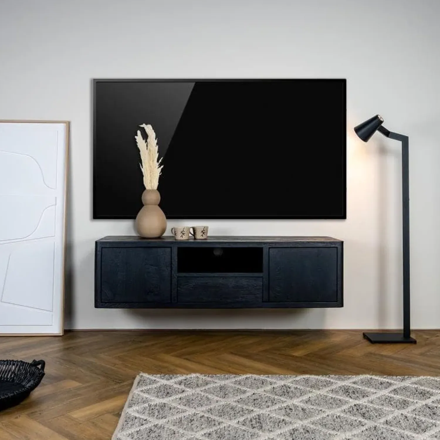 Tower living Industriele Kasten|Tv Meubels|Tenna Zwevend Tv meubel zwart mangohout 150cm