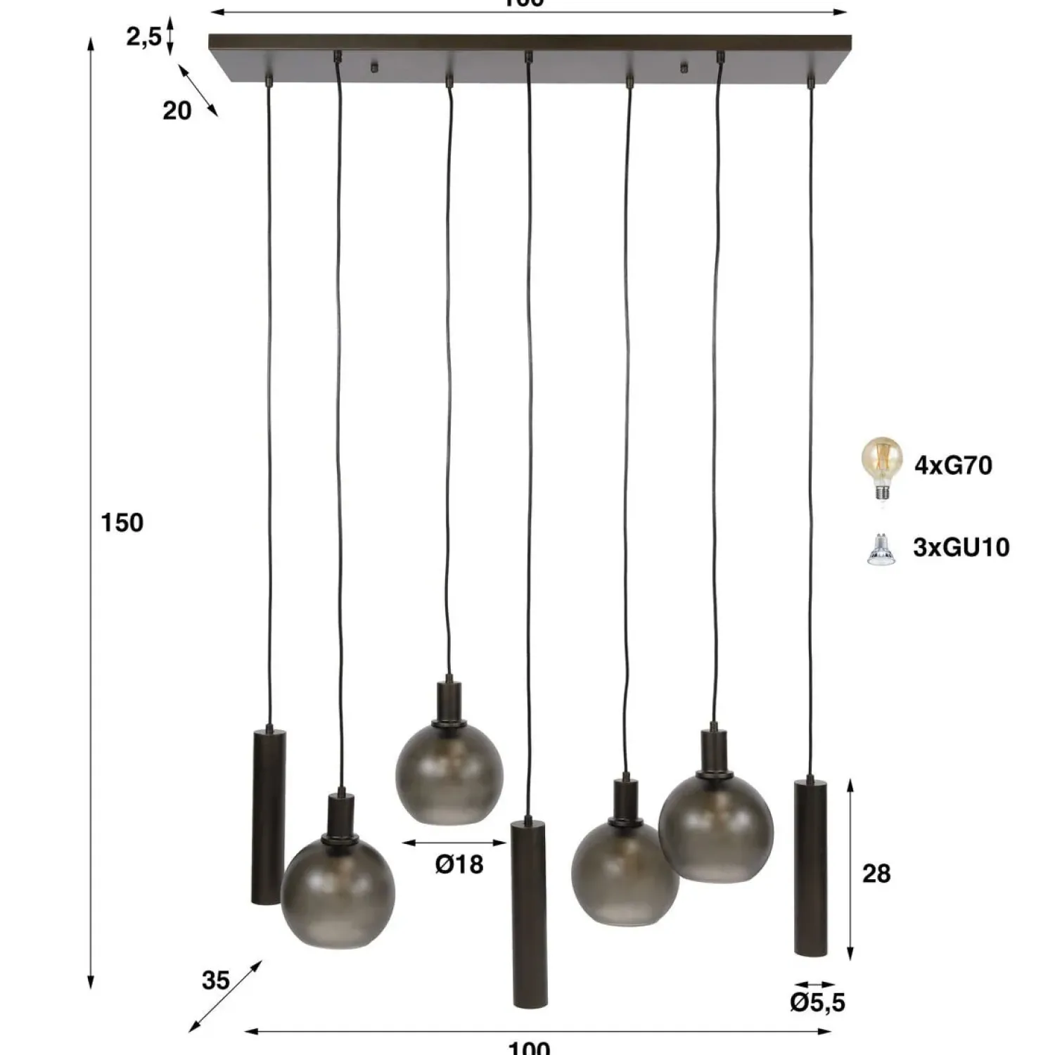 Kalfort Hanglampen|Glazen Hanglamp|Tessio 7-lichts Hanglamp bruin-frosted