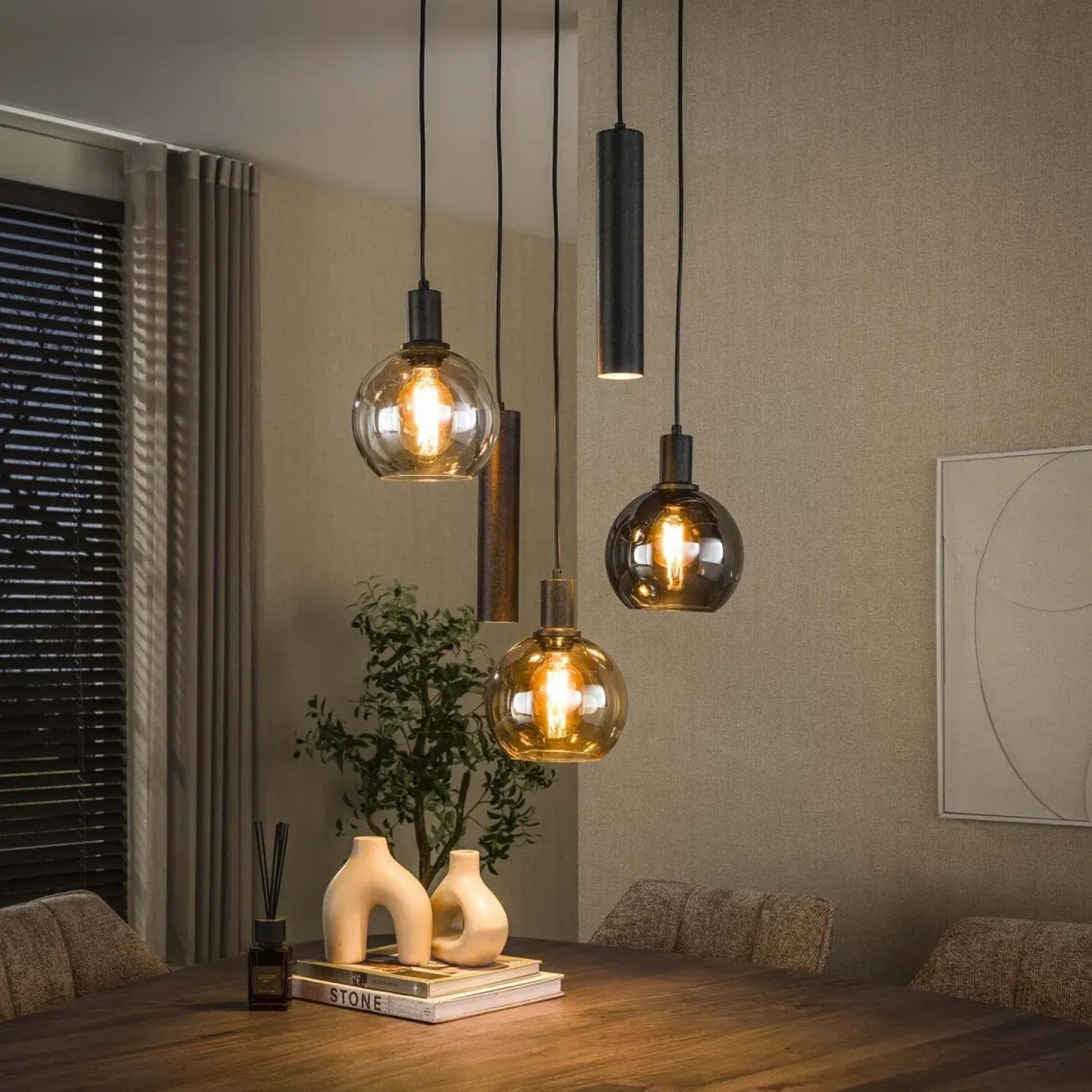 Kalfort Hanglampen|Glazen Hanglamp|Tessio 5-lichts Hanglamp Getrapt Multikleur glas