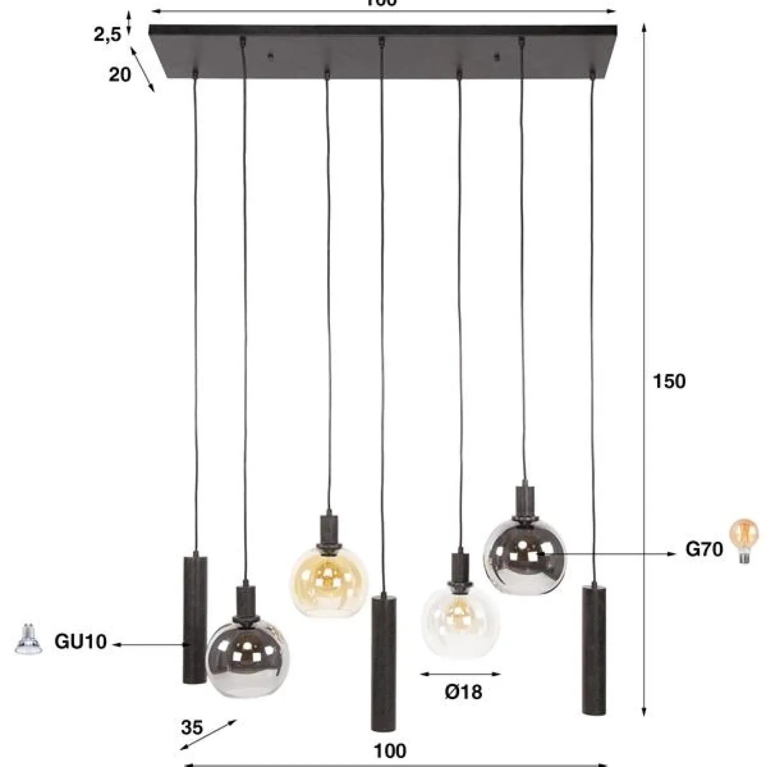 Kalfort Hanglampen|Glazen Hanglamp|Tessio 7-lichts Hanglamp Multikleur glas