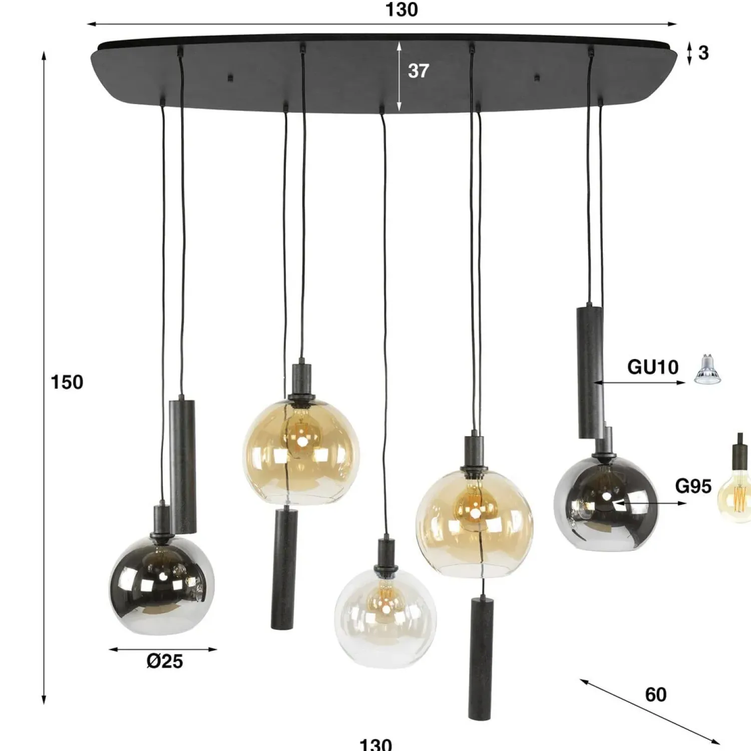 Kalfort Hanglampen|Glazen Hanglamp|Tessio 9-lichts Hanglamp Multikleur glas