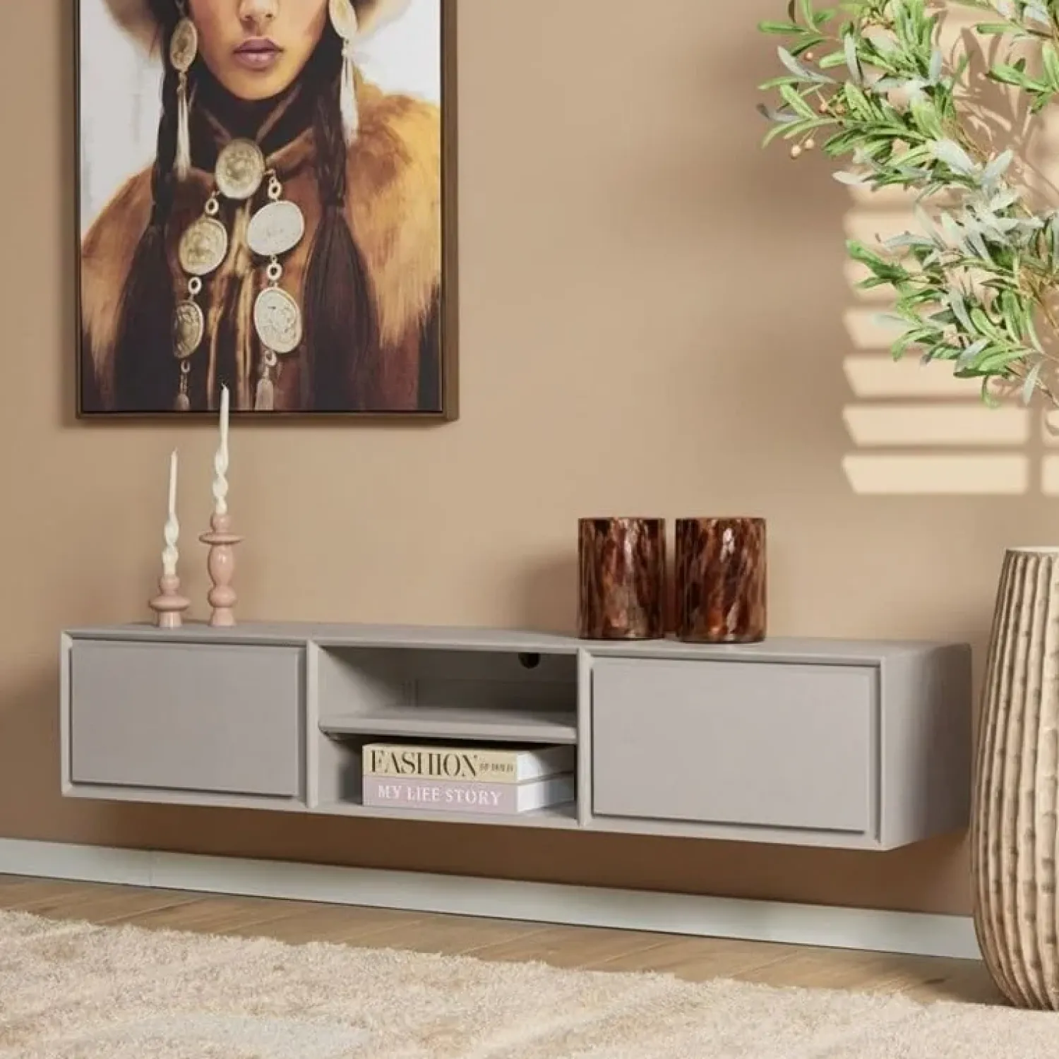 Furndea Industriele Kasten|Tv Meubels|Tony Zwevend Tv meubel Taupe Mangohout 160 cm