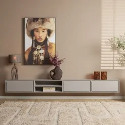 Furndea Industriele Kasten|Tv Meubels|Tony Zwevend Tv meubel Taupe Mangohout 240 cm