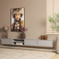 Furndea Industriele Kasten|Tv Meubels|Tony Zwevend Tv meubel Taupe Mangohout 280 cm