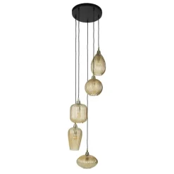 Kalfort Hanglampen|Glazen Hanglamp|Tristan 5-lichts Hanglamp Amberkleurig glas