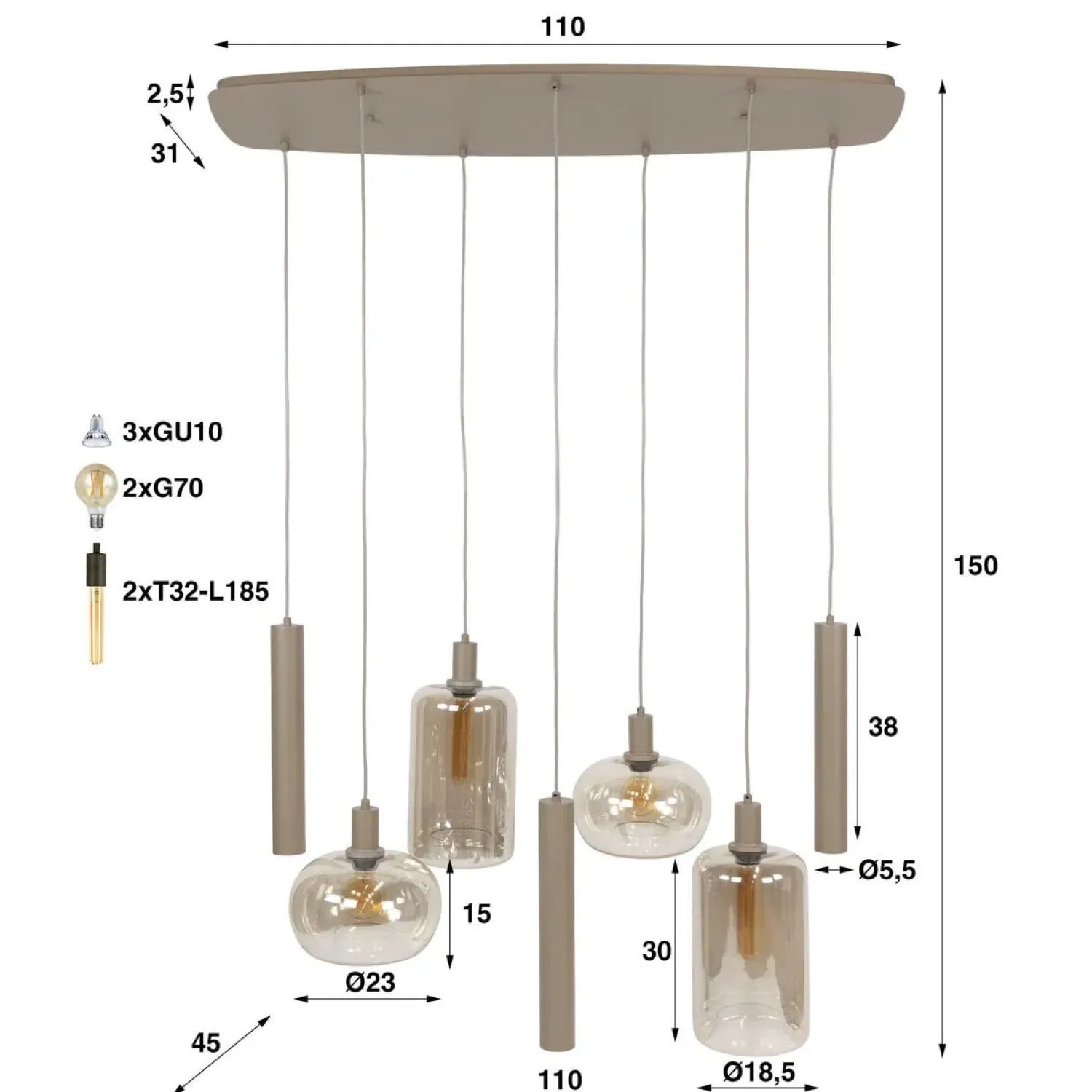 Kalfort Hanglampen|Glazen Hanglamp|Tulsa 7-lichts Hanglamp Beige