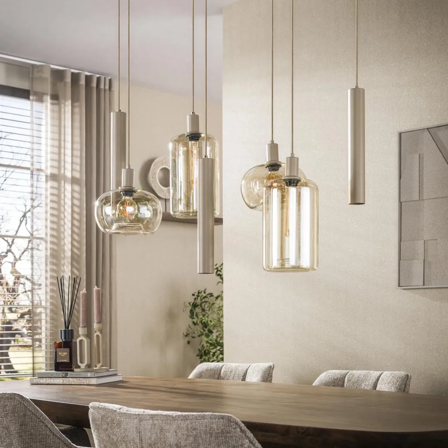 Kalfort Hanglampen|Glazen Hanglamp|Tulsa 7-lichts Hanglamp Beige