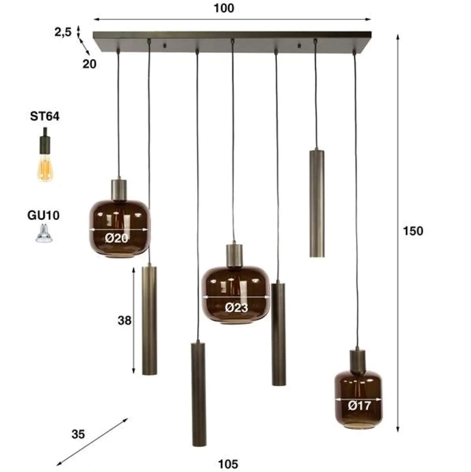 Kalfort Hanglampen|Glazen Hanglamp|Vigo 7-lichts Hanglamp Bruin