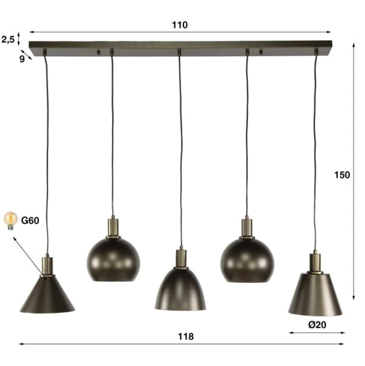 Kalfort Hanglampen|Vinci 5-lichts Hanglamp Sienna bruin