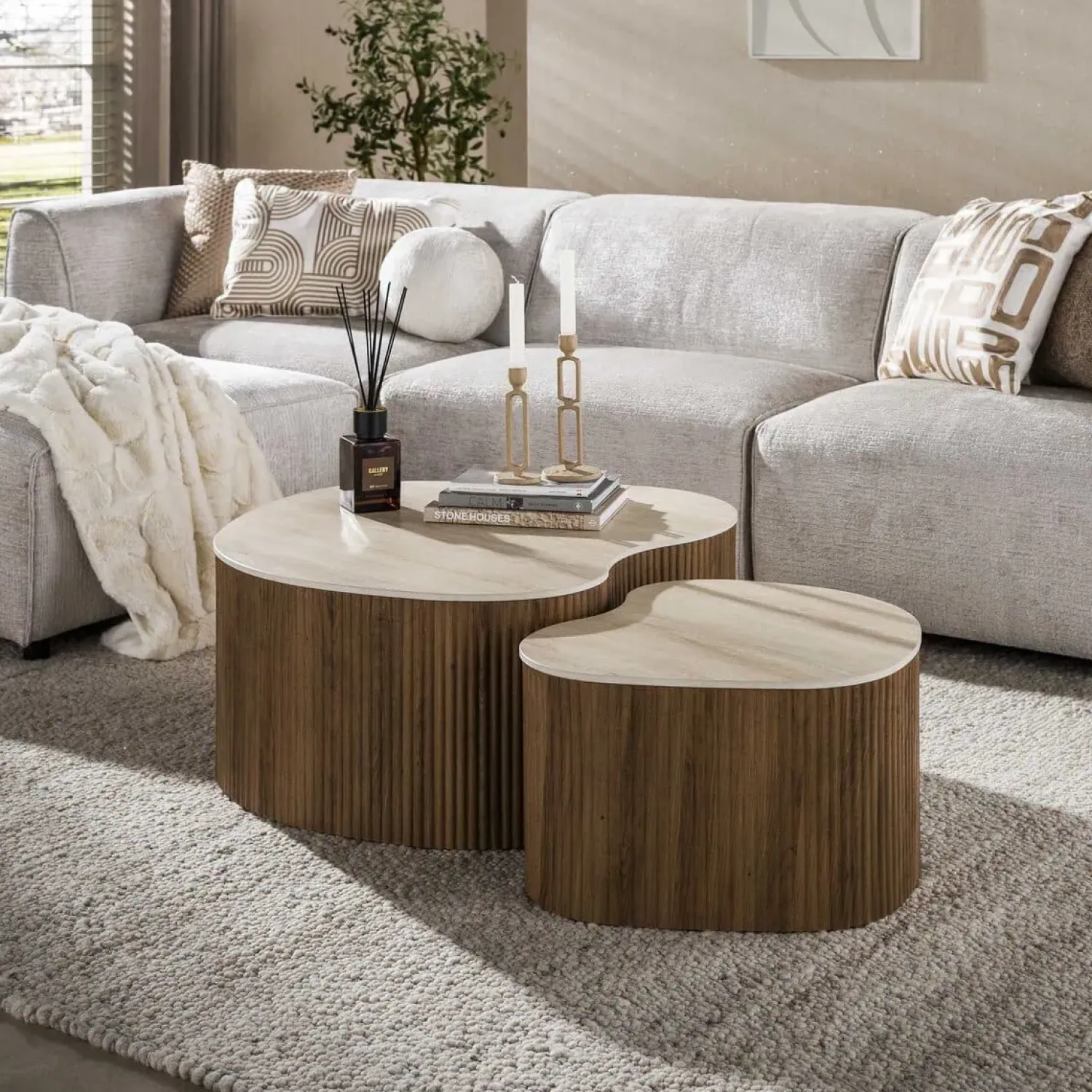 Kalfort Salontafels|Vittoria Salontafel Medio Set van 2 keramiek Travertin 90cm