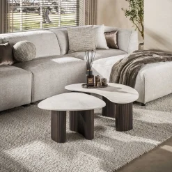 Kalfort Salontafels|Vittoria Salontafel Organisch Set van 2 keramiek Travertin 88cm
