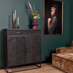Furndea Wandkasten|Industriele Kasten|Wandkast Scandi visgraat zwart mangohout 100cm