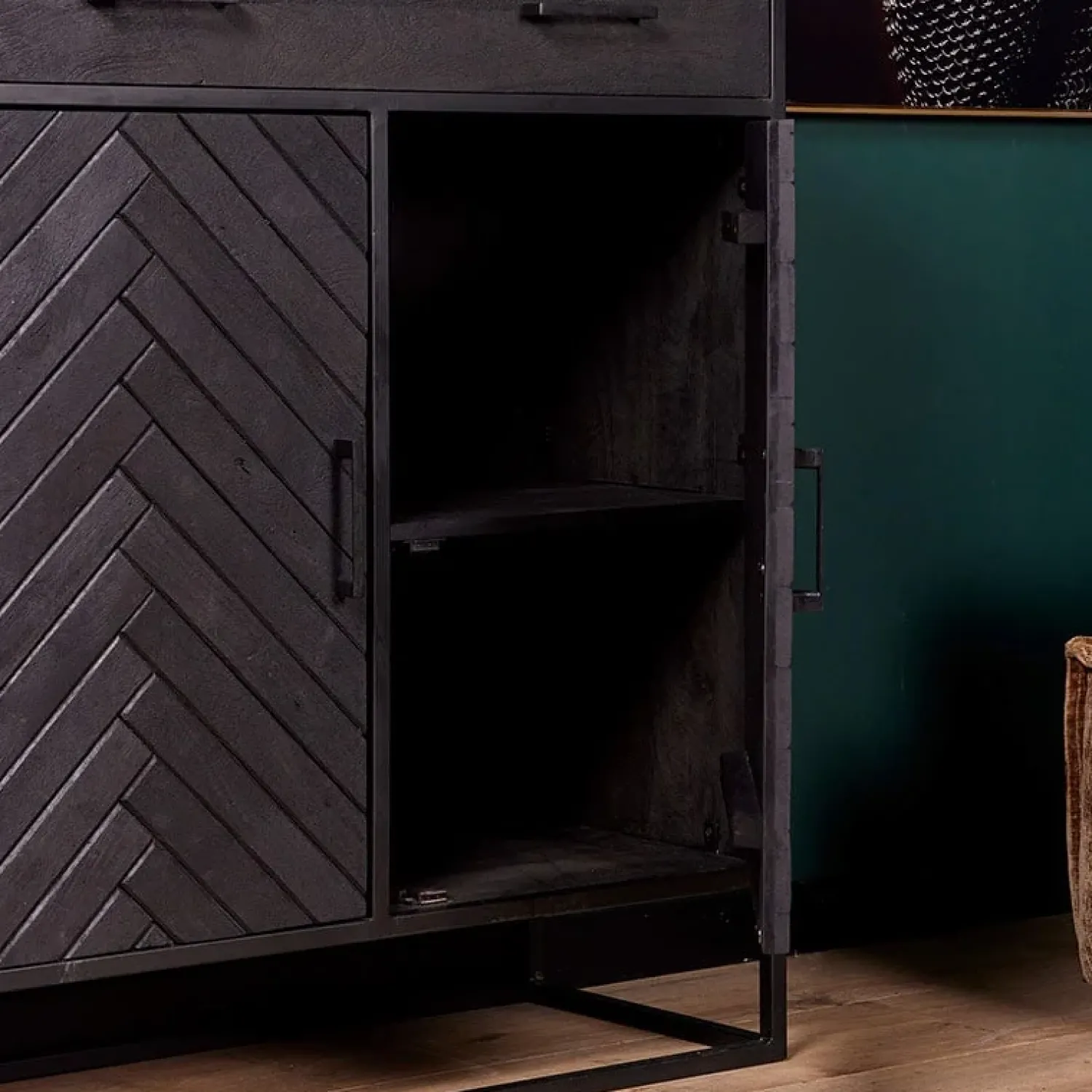 Furndea Wandkasten|Industriele Kasten|Wandkast Scandi visgraat zwart mangohout 100cm