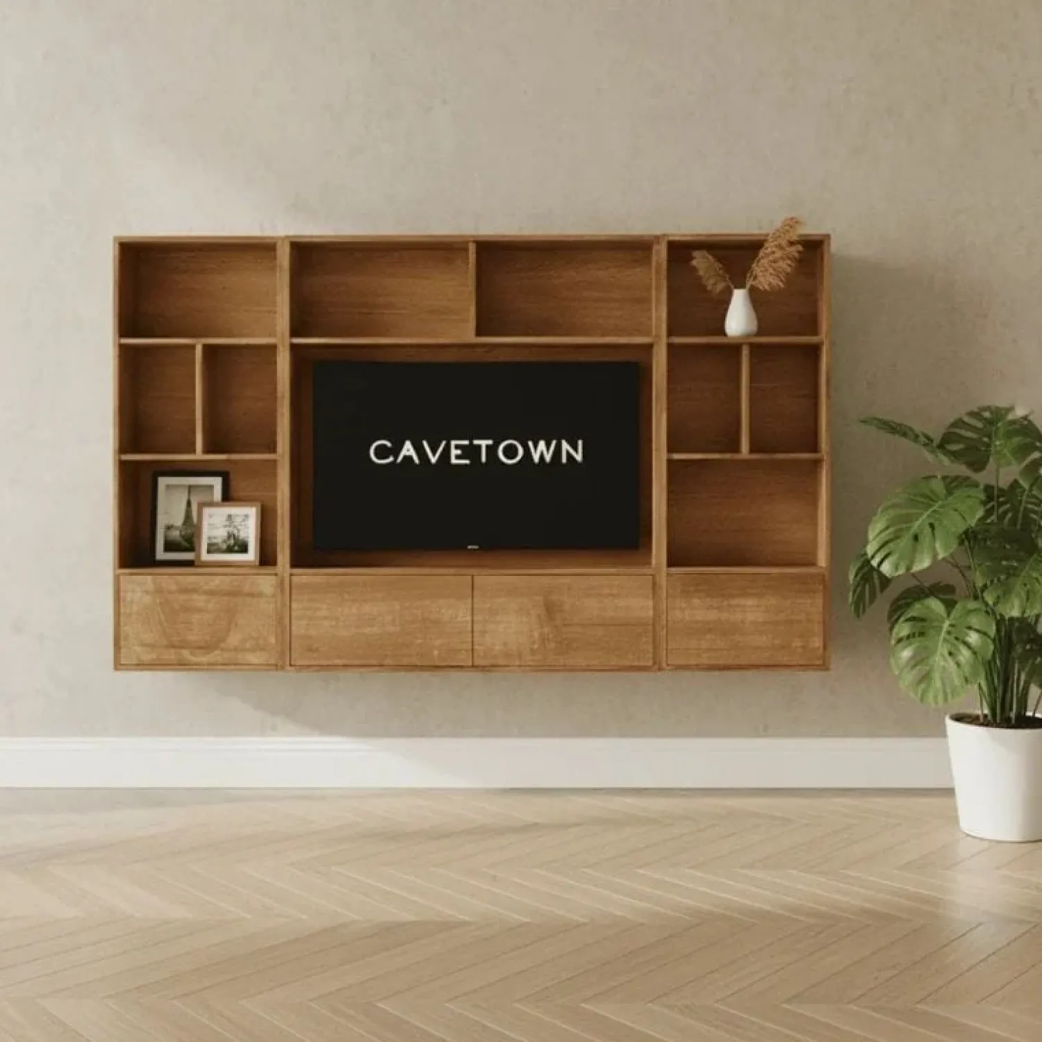 Maison Madera Wandkasten|Vakkenkasten|Watford Medium zwevende Cinewall compleet Mango hout