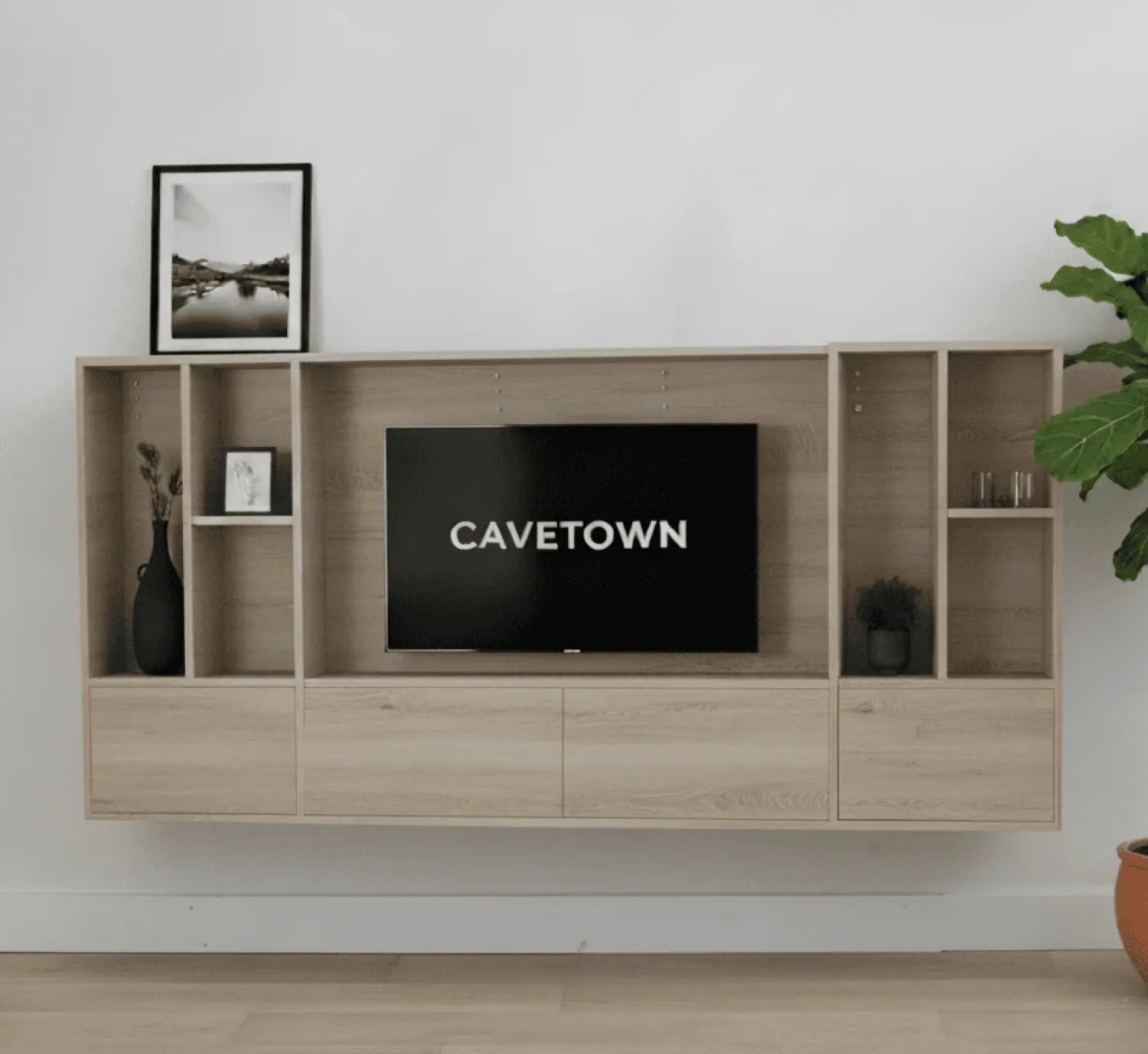 Maison Madera Wandkasten|Vakkenkasten|Watford Small zwevende Cinewall compleet Misty oak