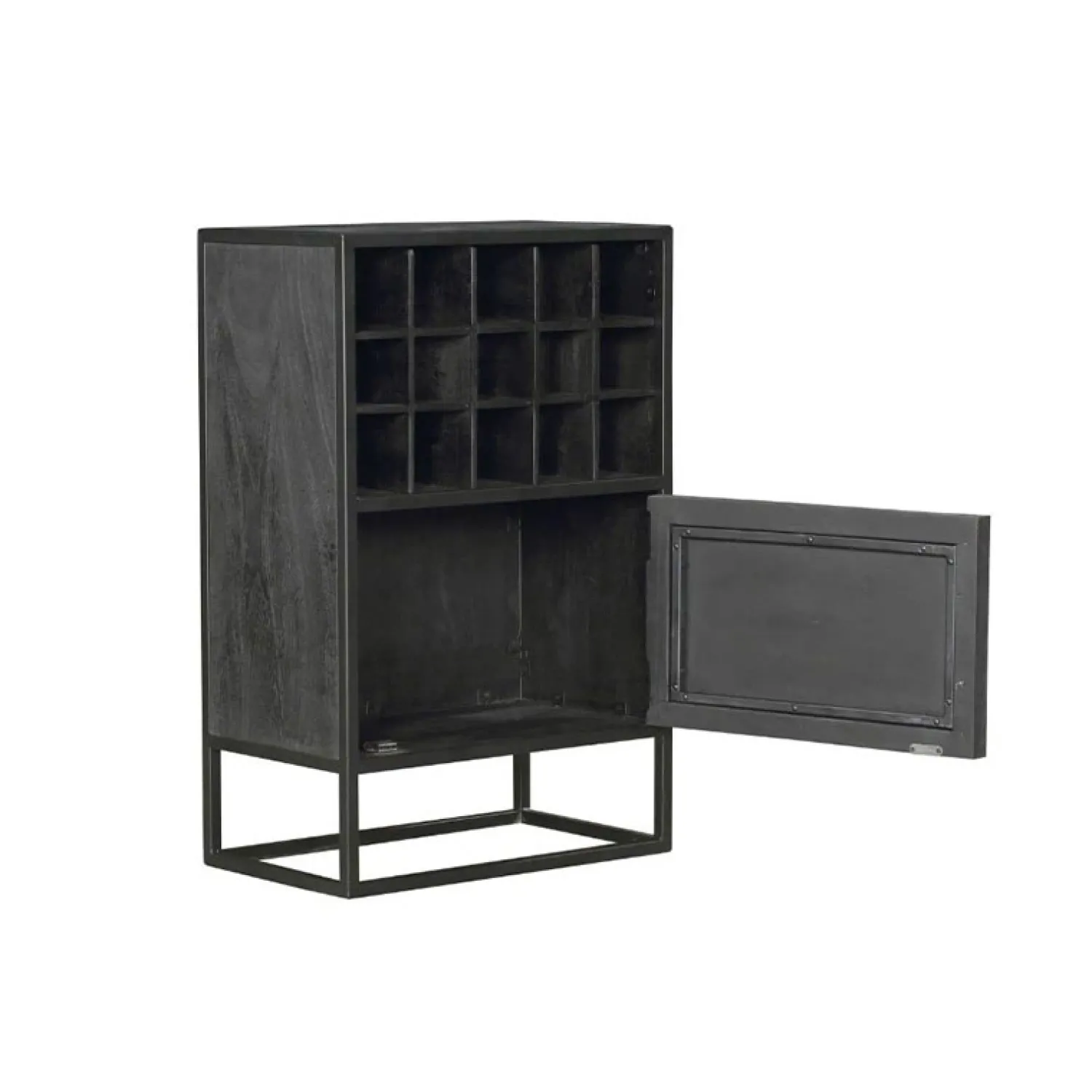 Furndea Wijnkasten|Industriele Kasten|Wijnkast Scandi visgraat mangohout zwart 55cm