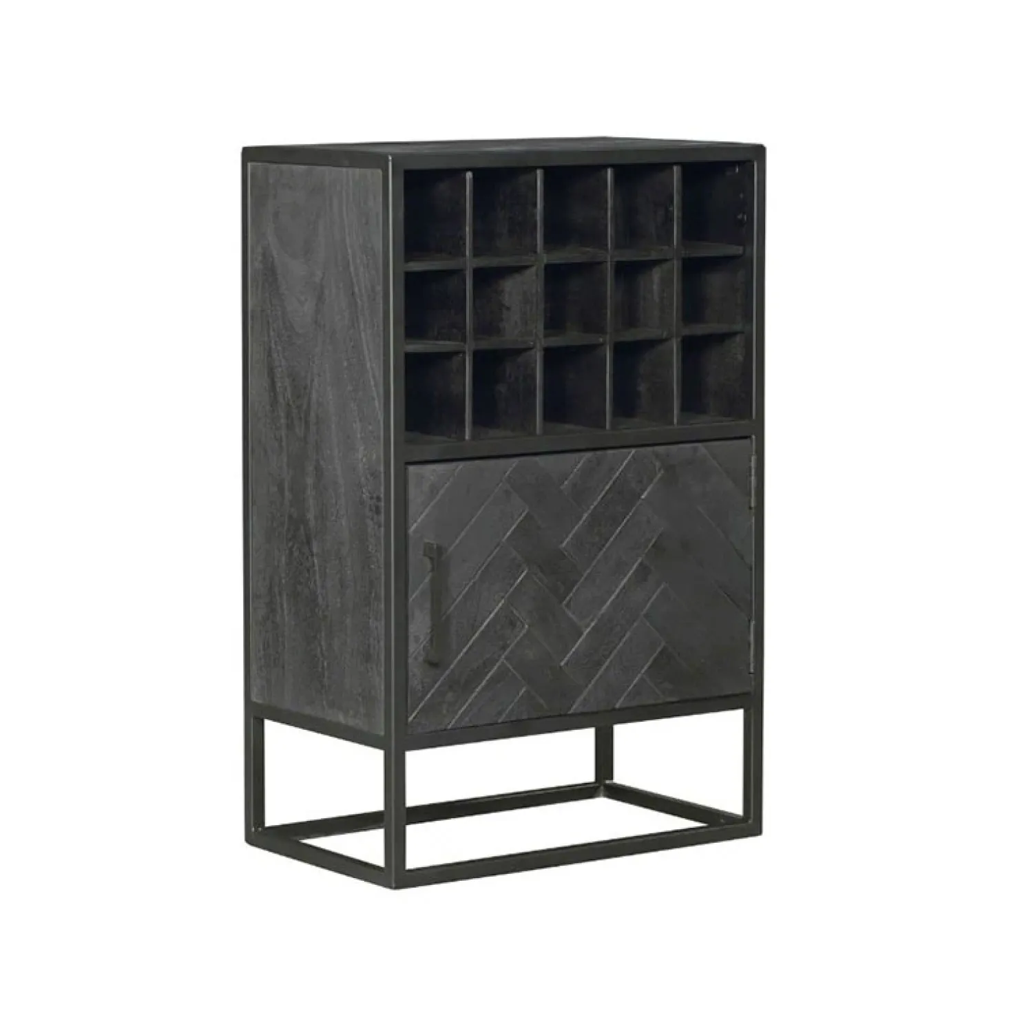 Furndea Wijnkasten|Industriele Kasten|Wijnkast Scandi visgraat mangohout zwart 55cm