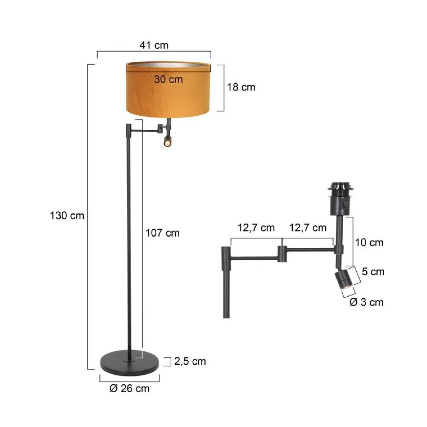 Steinmex Vloerlampen|Wilco 2-lichts Vloerlamp Zwart met Goud Velvet kap
