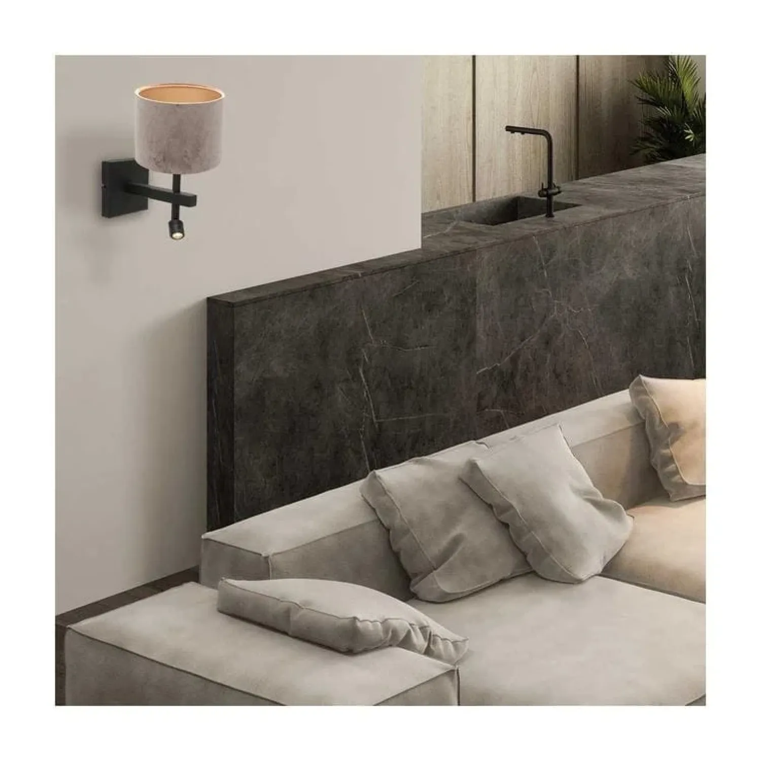 Steinmex Wandlampen|Wilco 2-lichts Wandlamp Zwart met Zilver Velvet kap