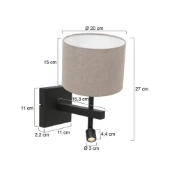 Steinmex Wandlampen|Wilco 2-lichts Wandlamp Zwart met Grijs Linnen kap