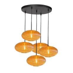 Steinmex Hanglampen|Glazen Hanglamp|Zavi 5-lichts Getrapte Hanglamp Geribbeld Amberglas