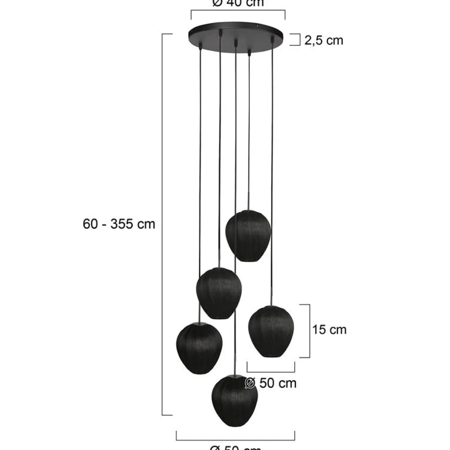 Steinmex Hanglampen|Zavi 5-lichts Getrapte Hanglamp Zwart Stof