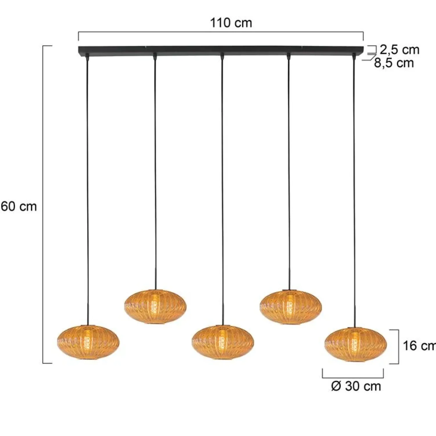 Steinmex Hanglampen|Glazen Hanglamp|Zavi 5-lichts Hanglamp Geribbeld Amberglas