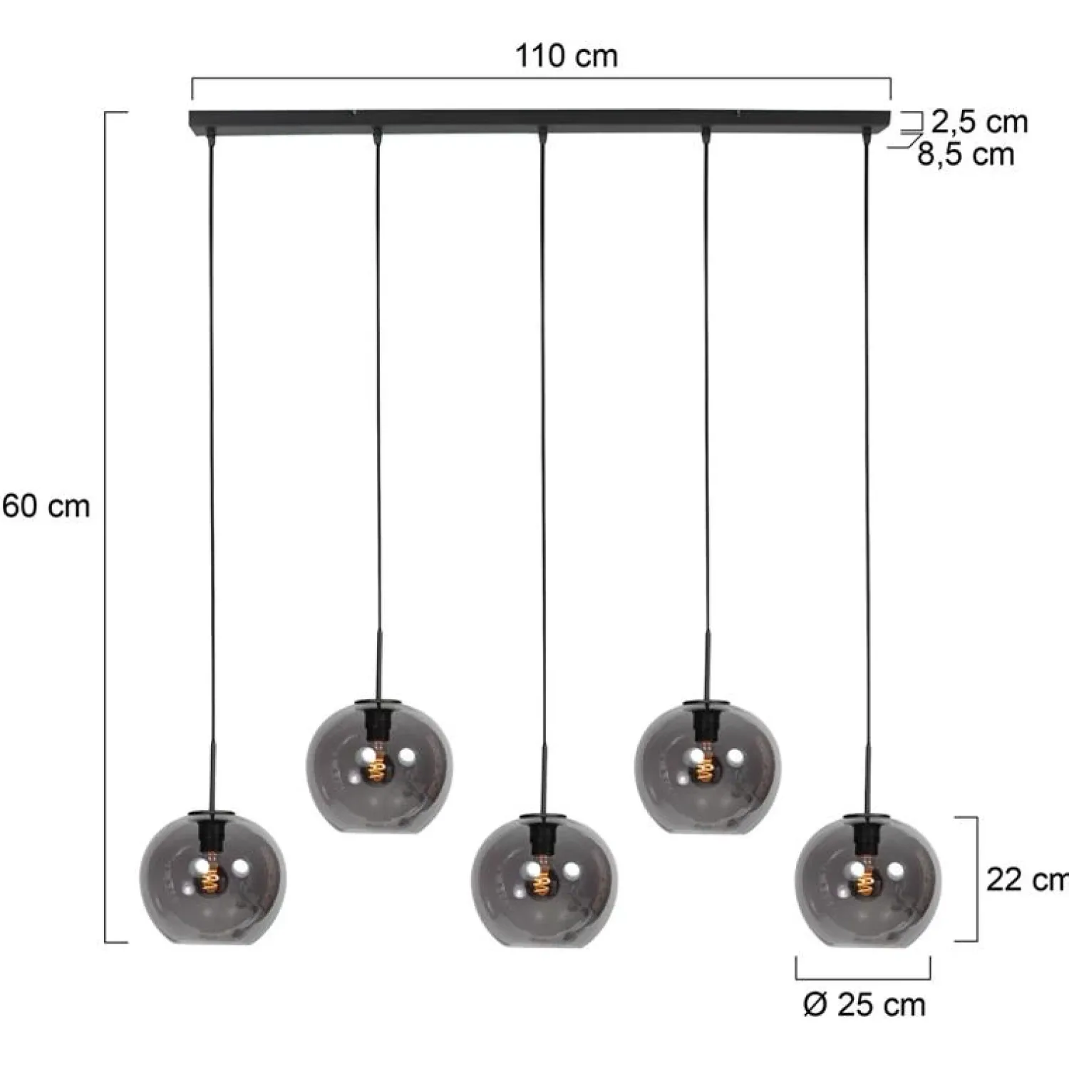Trading Lighting Hanglampen|Glazen Hanglamp|Zavi 5-lichts Hanglamp Smoke Bol
