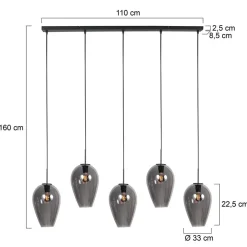 Steinmex Hanglampen|Glazen Hanglamp|Zavi 5-lichts Hanglamp XL Smoke Langwerpig
