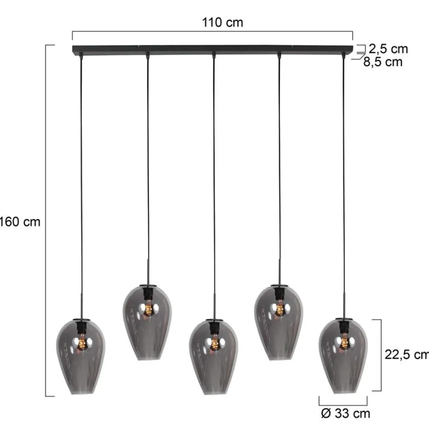 Steinmex Hanglampen|Glazen Hanglamp|Zavi 5-lichts Hanglamp XL Smoke Langwerpig