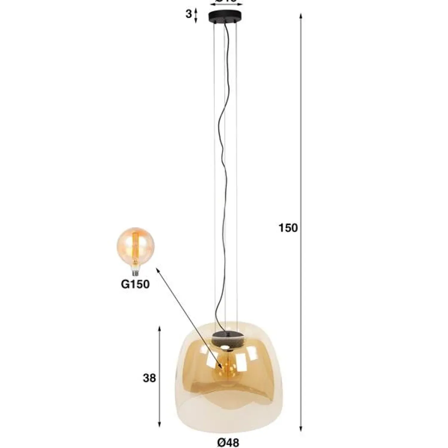 Kalfort Hanglampen|Glazen Hanglamp|Zeldana 1-lichts Hanglamp XL Amberglas